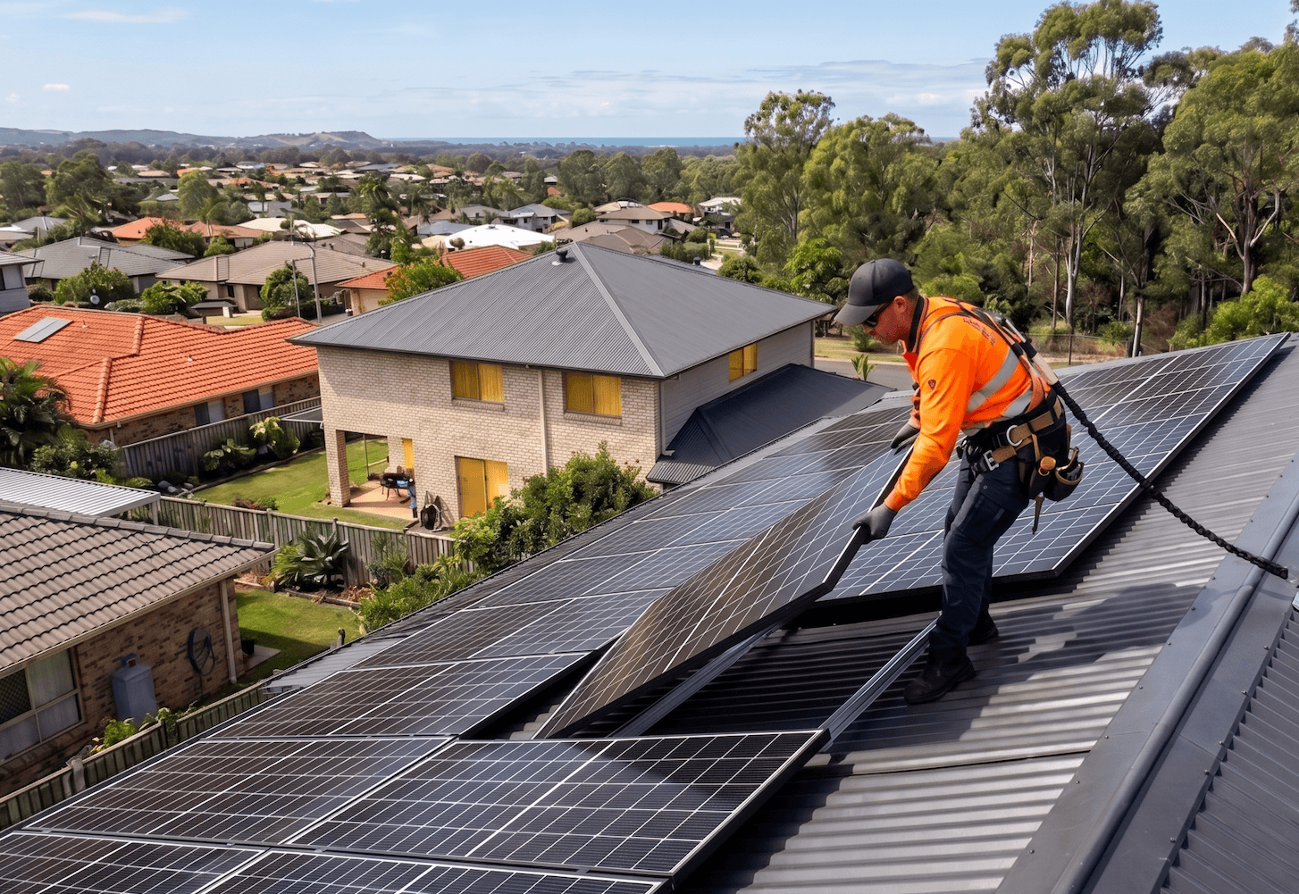 Brux Electrical installer fitting solar panels on a Gold Coast rooftop