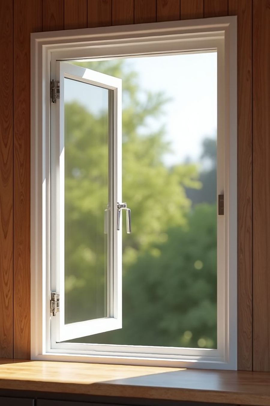 Finestra nuova in PVC bianco aperta su un giardino