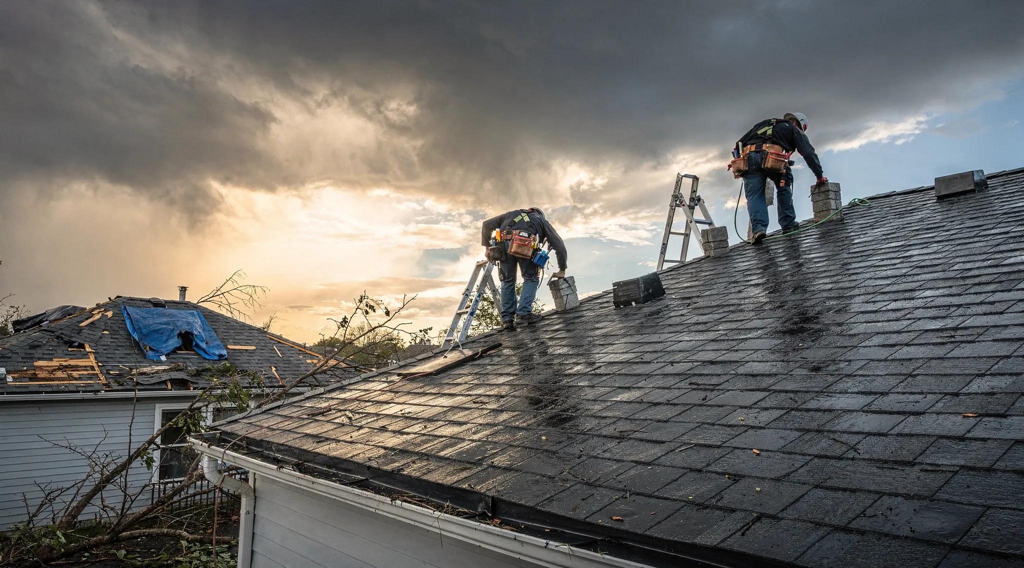 Professional roofers working on replacing a residential roof in Ellis County, TX.