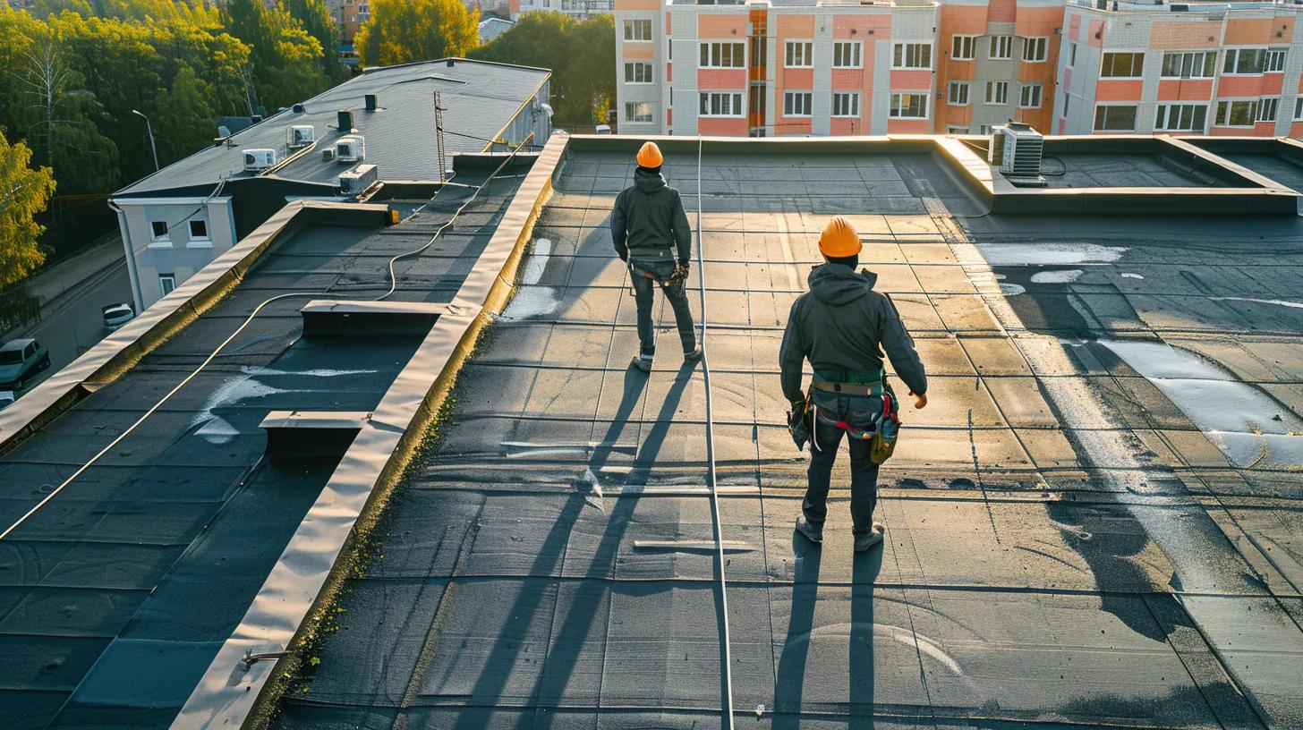 Two workers standing on a commercial roof as they provide much needed repairs.