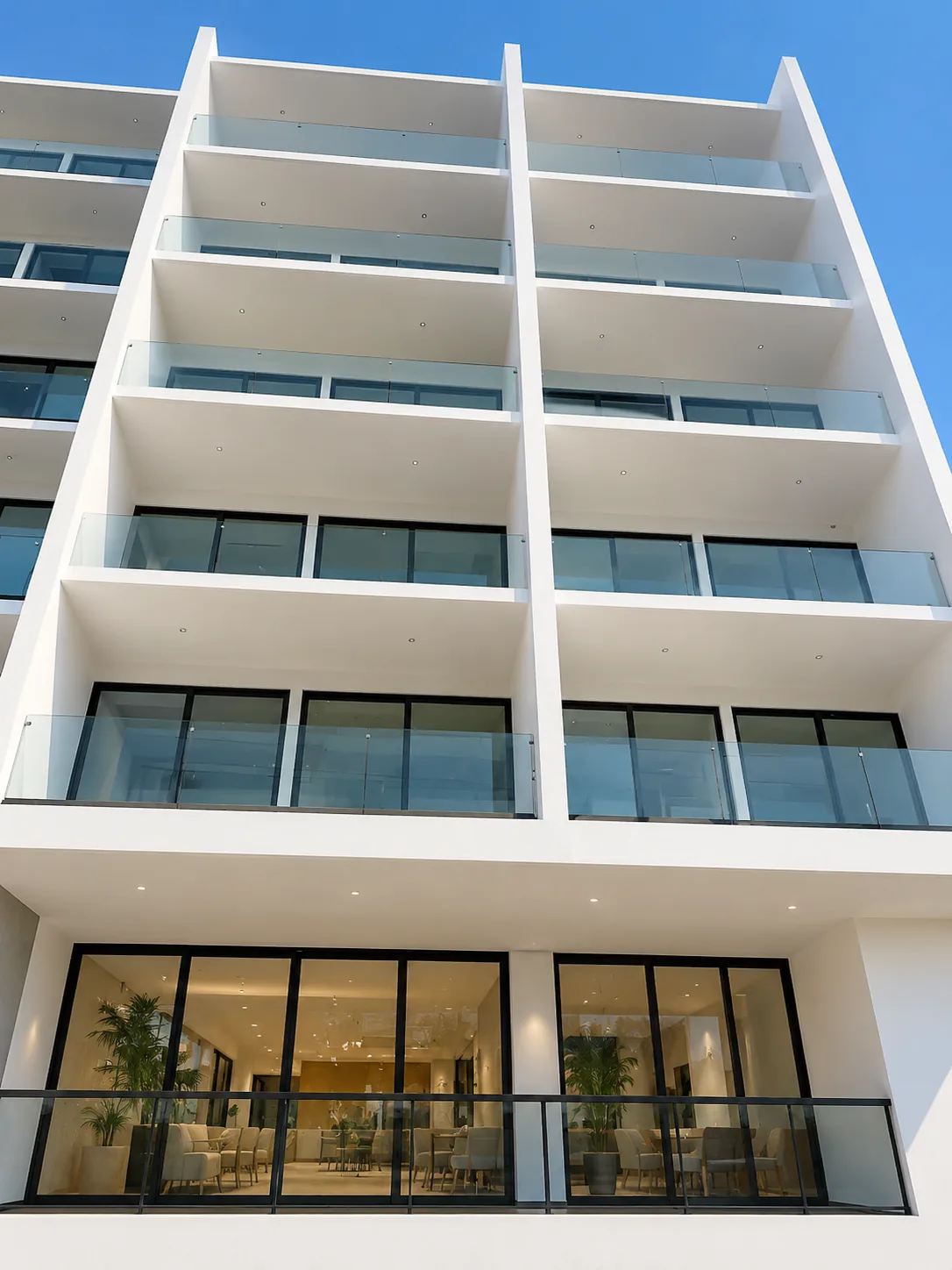 Fachada del edificio de departamentos Renéva en Playa del Carmen, con balcones de cristal y lobby a nivel de calle