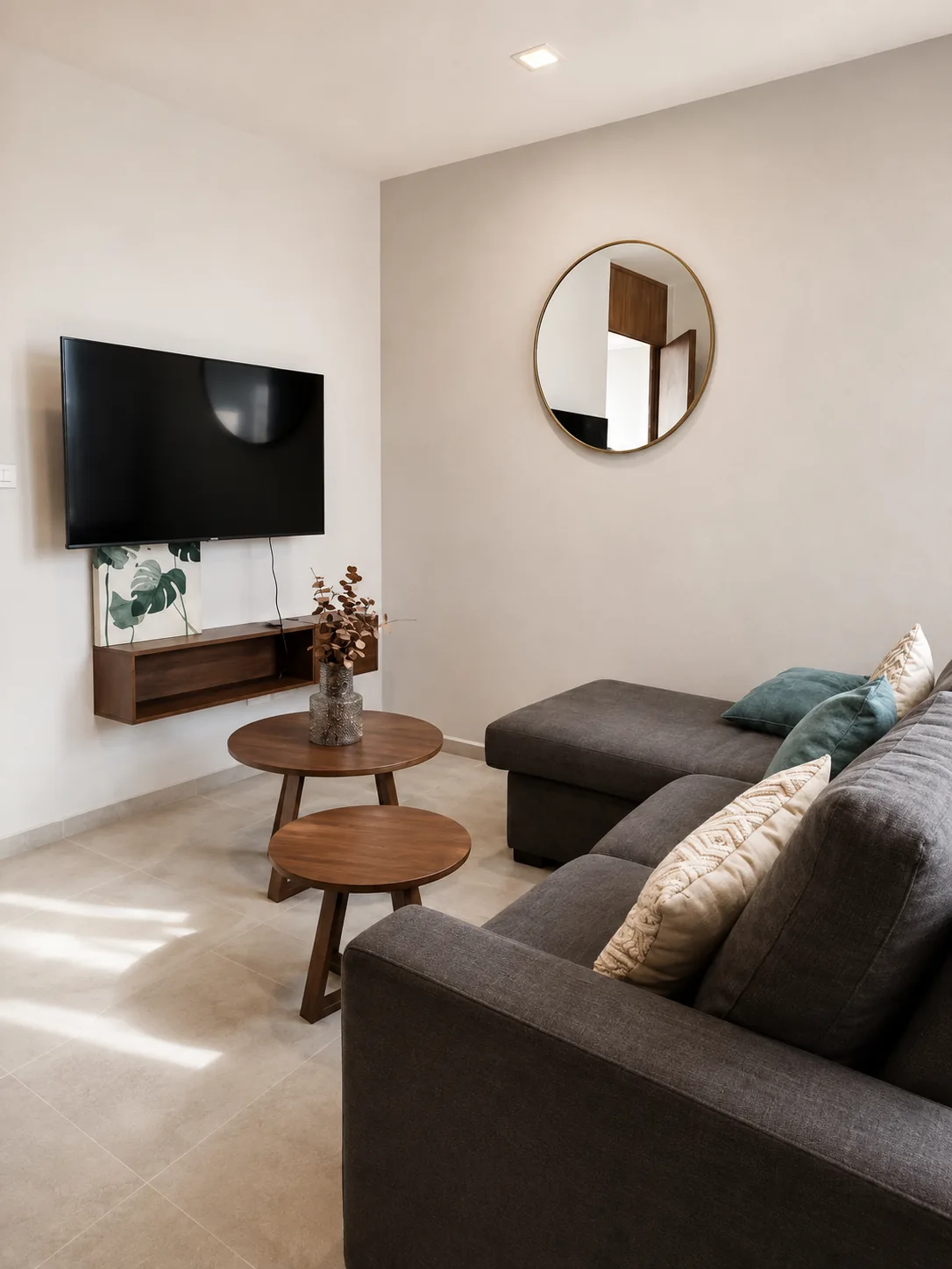 Sala del departamento muestra de Renéva Playa del Carmen con sofá esquinero, mesas de centro de madera y espejo circular