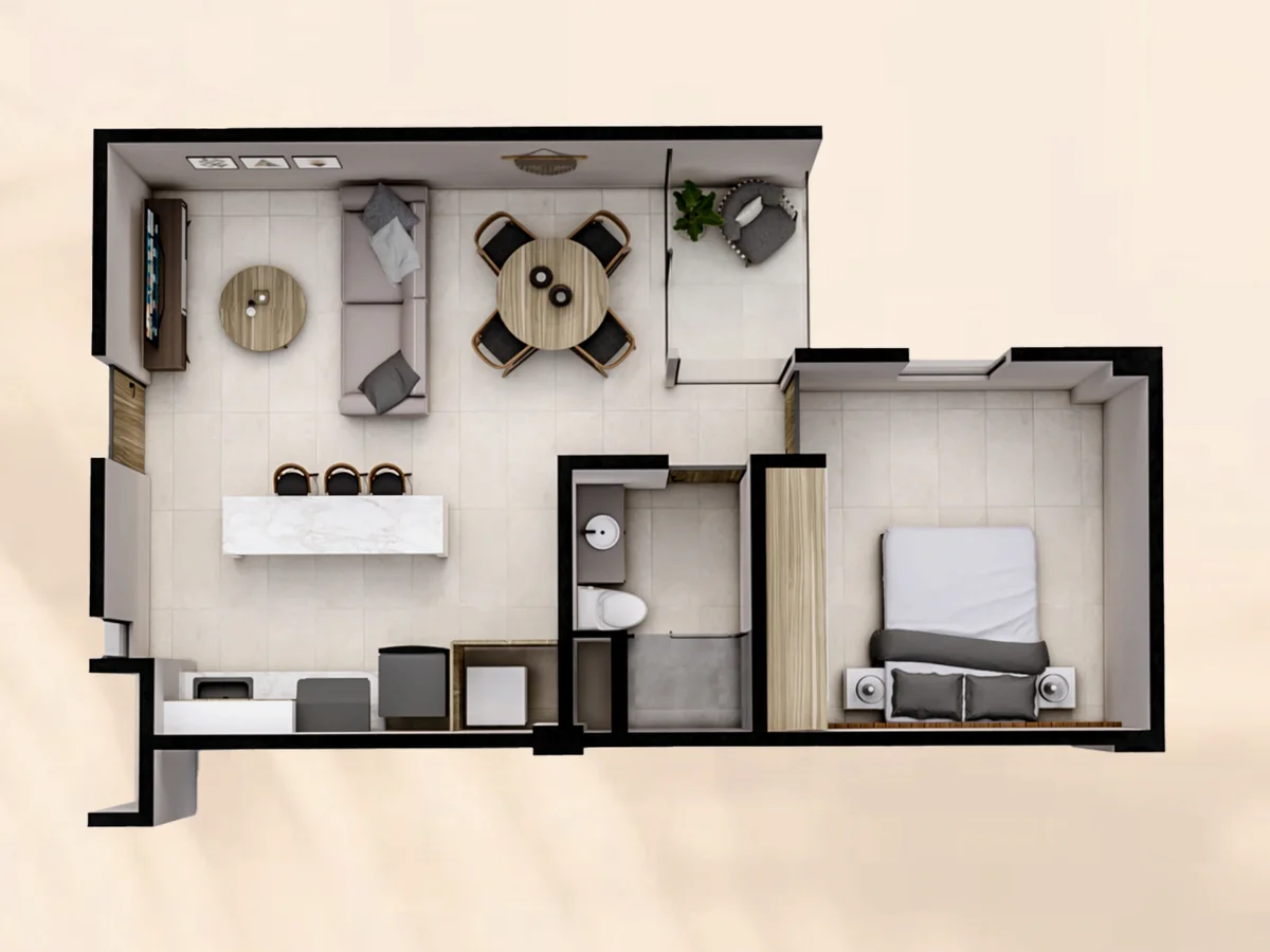 Planta arquitectónica de la tipología A de Renéva Playa del Carmen, departamento de 1 recámara de 61 a 68 metros cuadrados