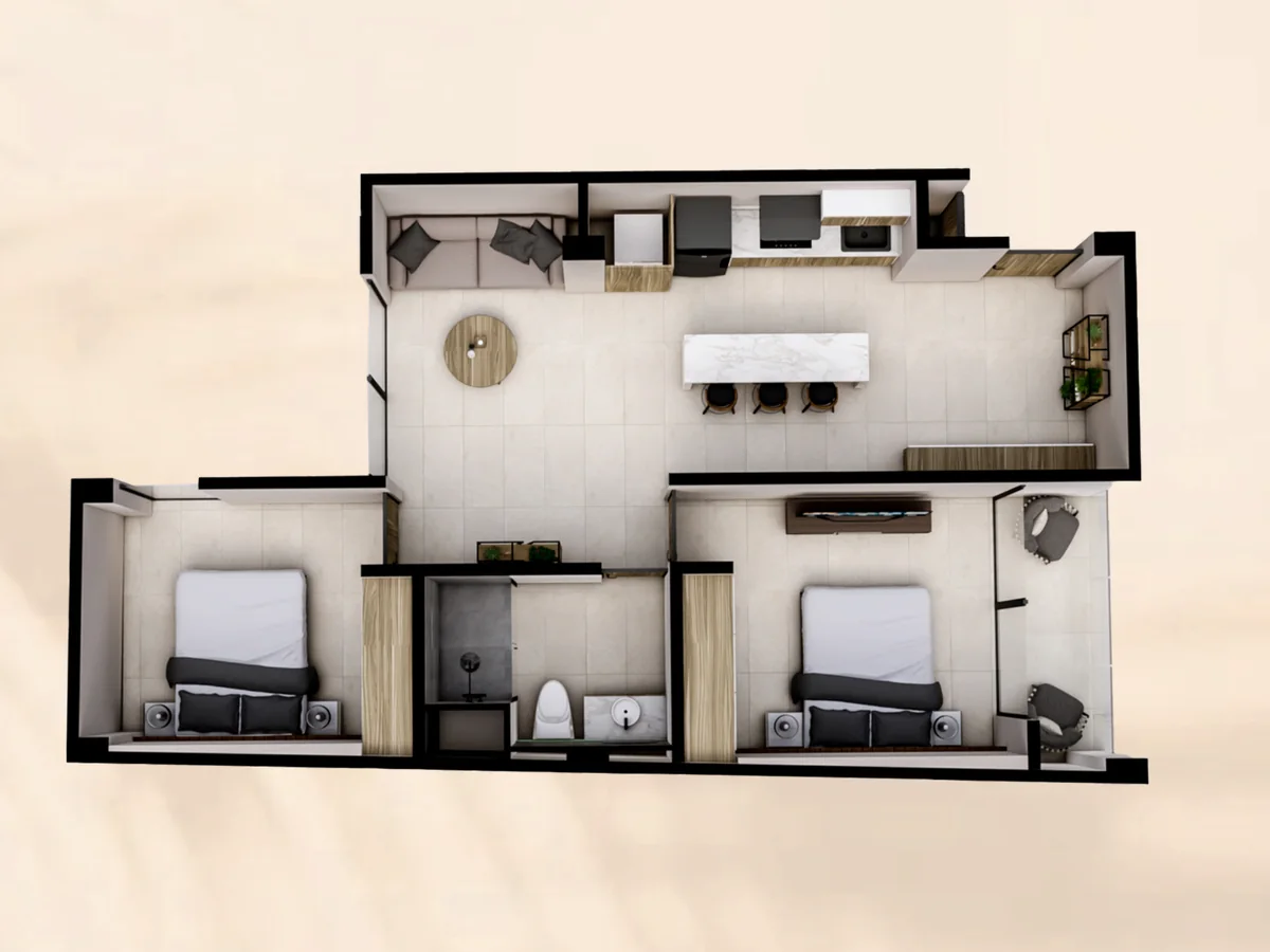 Planta arquitectónica de la tipología B de Renéva Playa del Carmen, departamento de 2 recámaras de 75 a 84 metros cuadrados