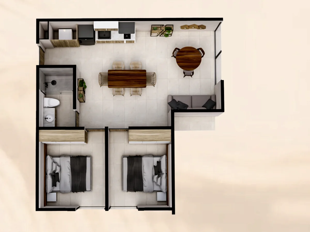 Planta arquitectónica de la tipología F de Renéva Playa del Carmen, departamento de 2 recámaras de 64 metros cuadrados