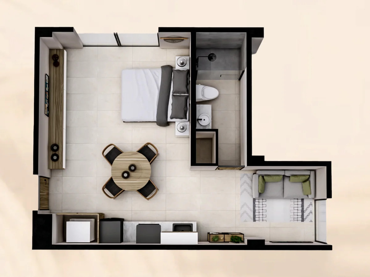 Planta arquitectónica de la tipología E de Renéva Playa del Carmen, estudio de 45 metros cuadrados