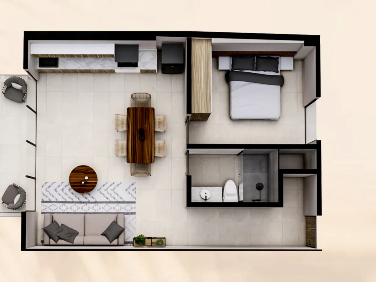 Planta arquitectónica de la tipología G de Renéva Playa del Carmen, departamento de 1 recámara de 76 metros cuadrados
