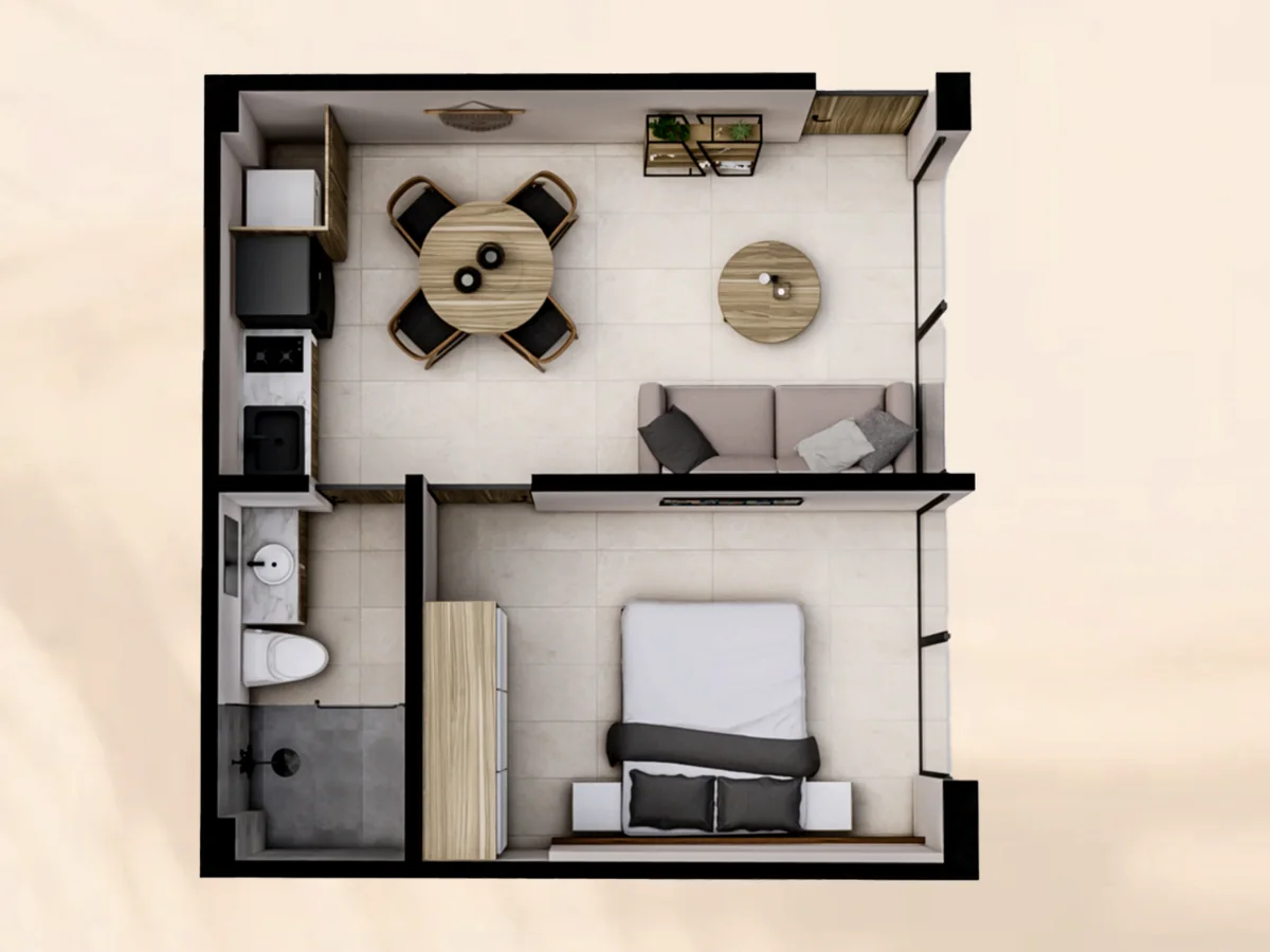 Planta arquitectónica de la tipología C de Renéva Playa del Carmen, departamento de 1 recámara de 45 metros cuadrados