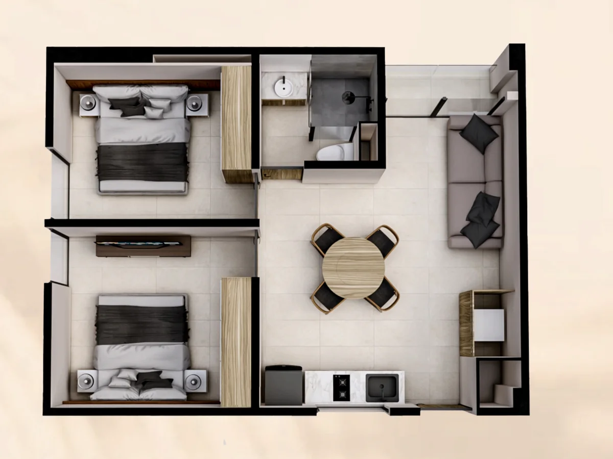 Planta arquitectónica de la tipología D de Renéva Playa del Carmen, departamento de 2 recámaras de 64 metros cuadrados