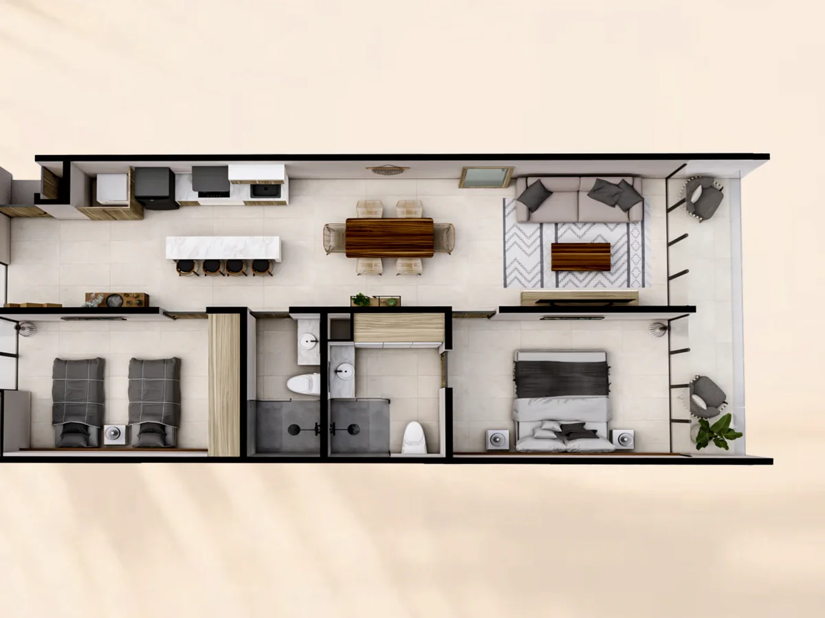 Planta arquitectónica de la tipología H de Renéva Playa del Carmen, departamento de 2 recámaras de 98 metros cuadrados