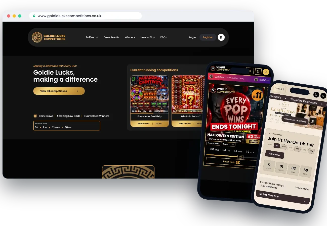 Raffle websites built on Reffle, on a laptop and two phones