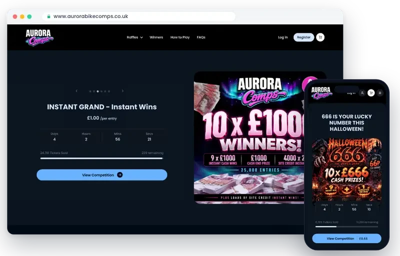Aurora Bike Competitions raffle website on desktop and mobile
