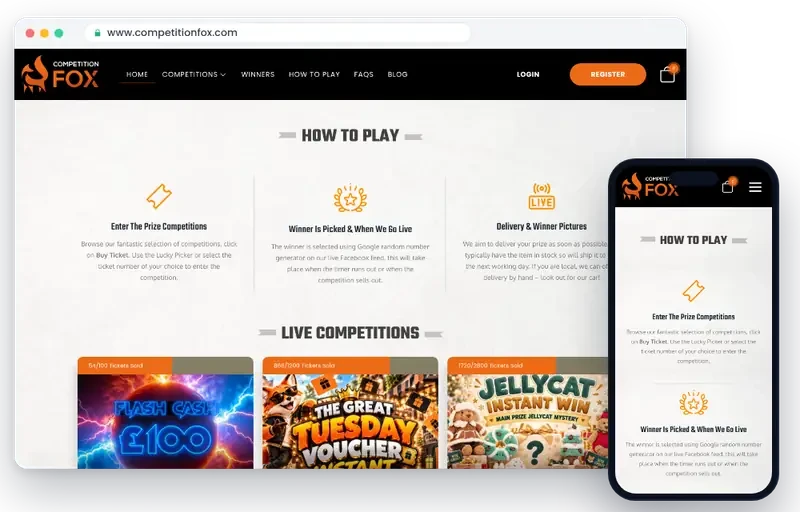 Competition Fox raffle website on desktop and mobile