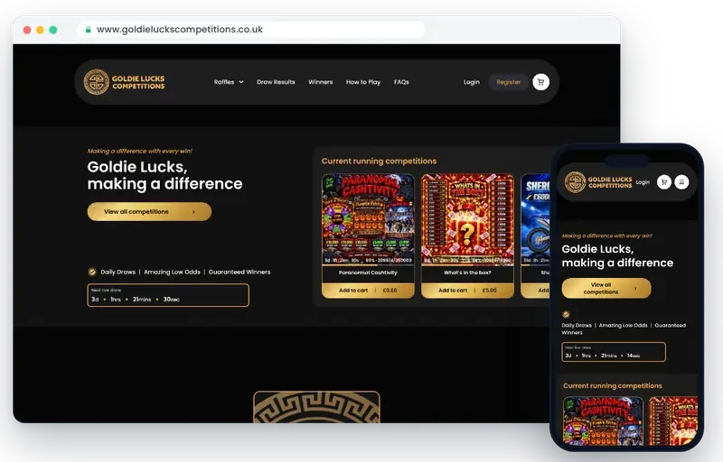 Goldie Lucks Competitions raffle website on desktop and mobile