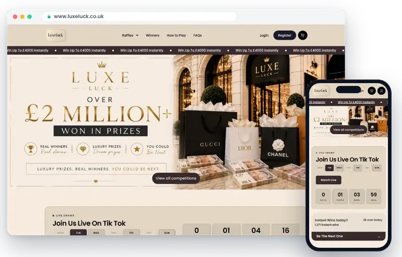 Luxe Luck raffle website on desktop and mobile