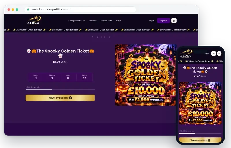 Luna Competitions raffle website on desktop and mobile