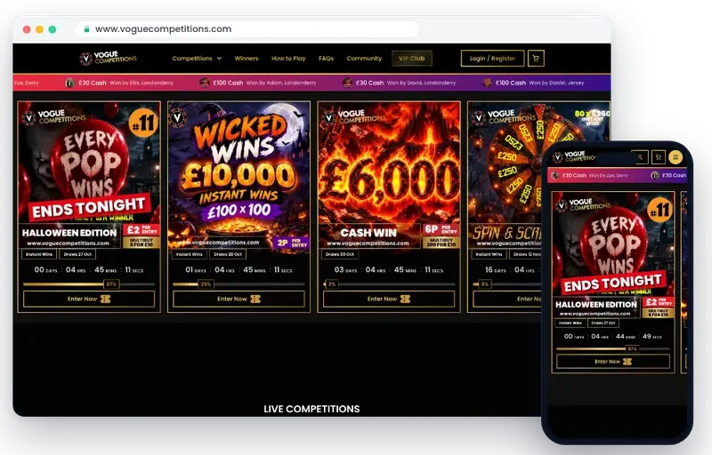 Vogue Competitions raffle website on desktop and mobile