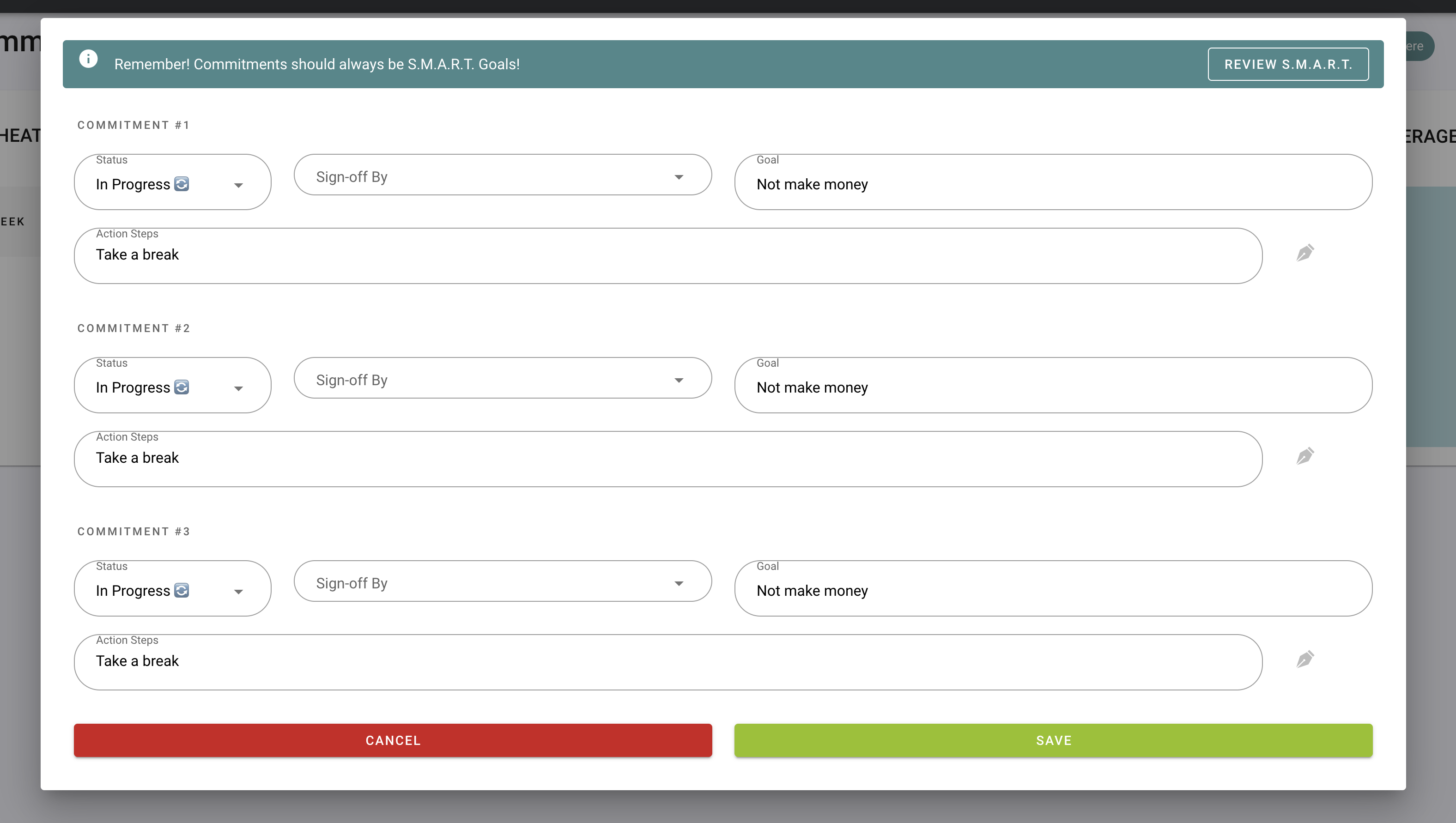 My Commitments tab