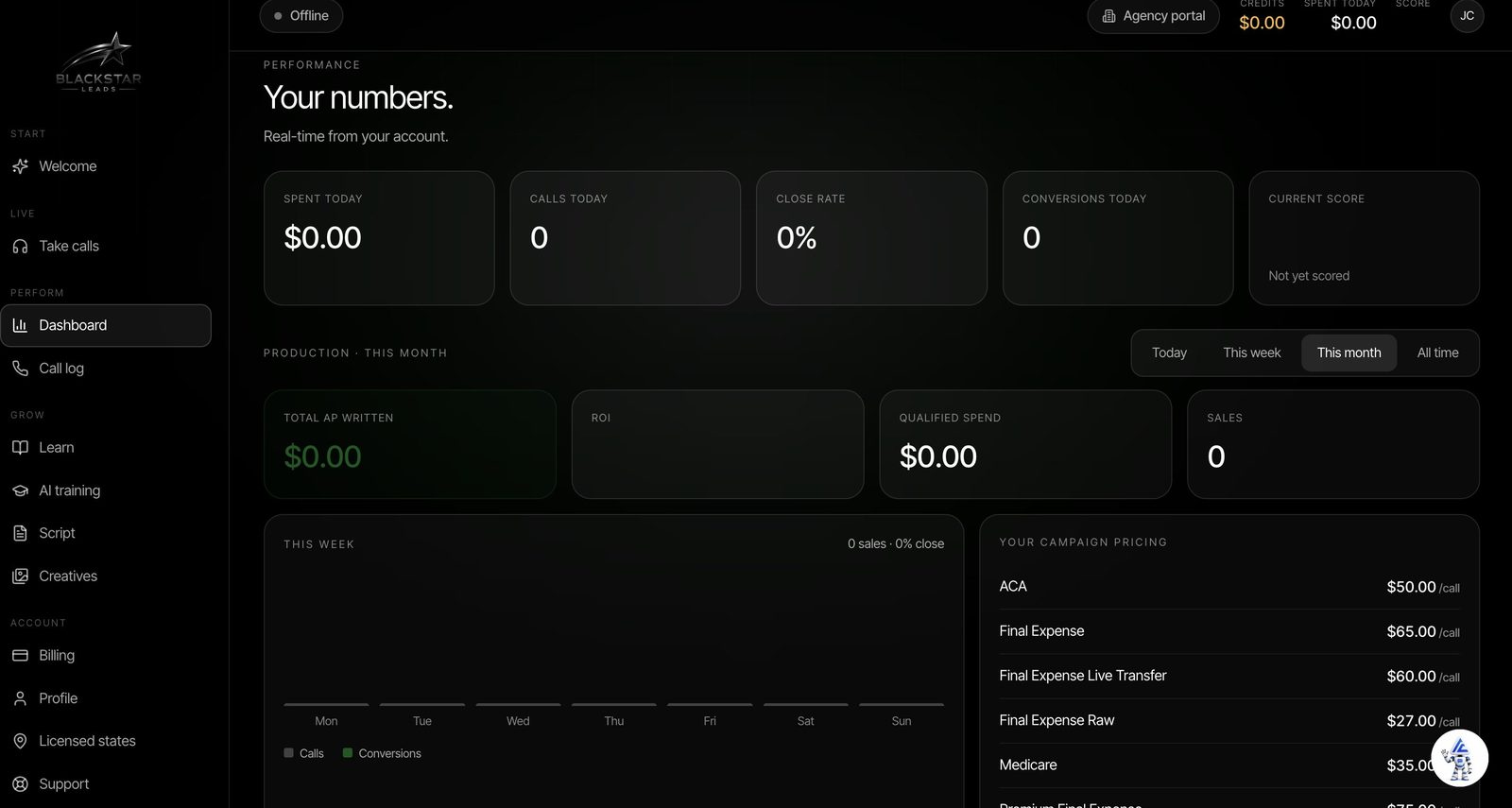 BlackStar agent portal dashboard showing spend, calls, close rate and campaign pricing