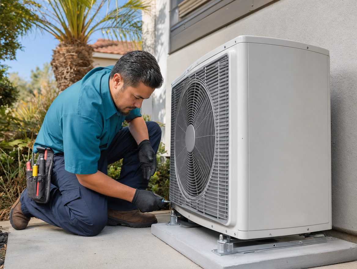 Técnico instalando unidad de aire acondicionado HVAC en una casa del Sur de California