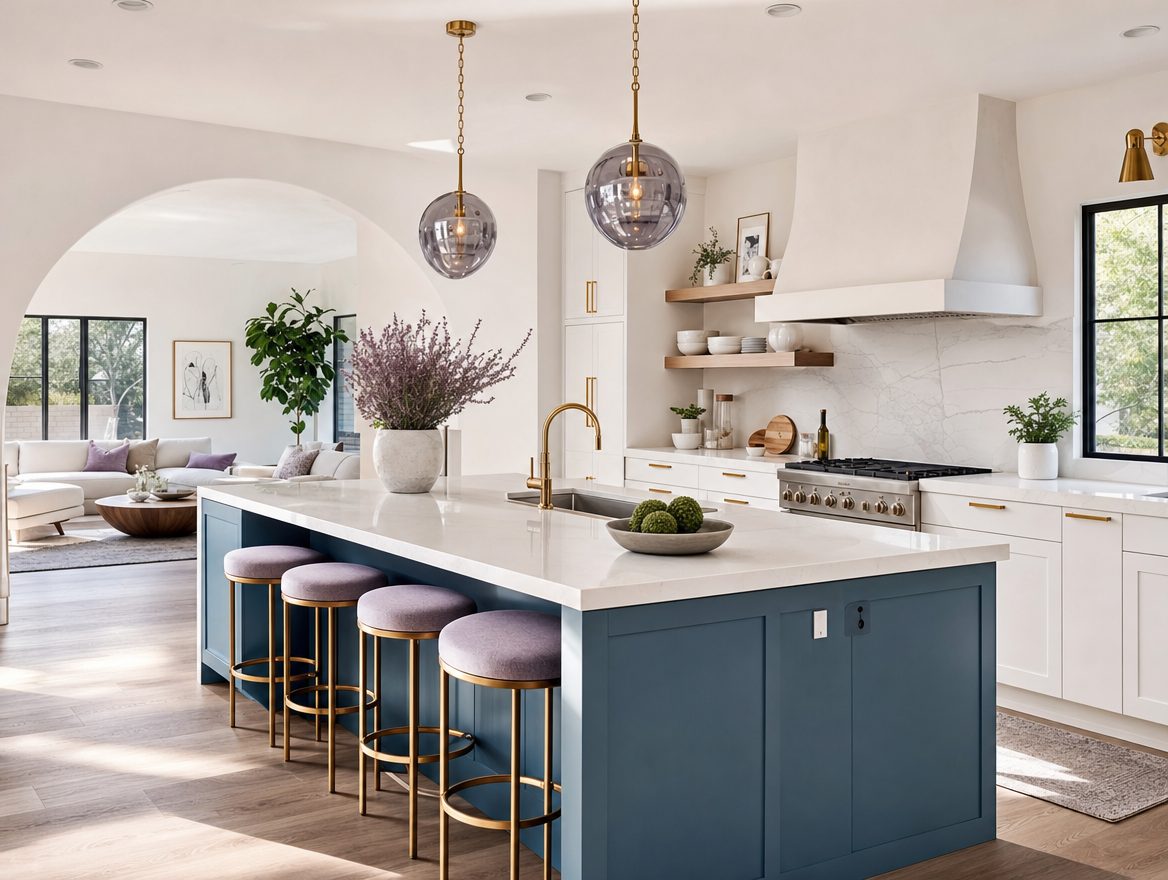 Cocina remodelada con isla azul marino y cubierta blanca por California Home Solutions
