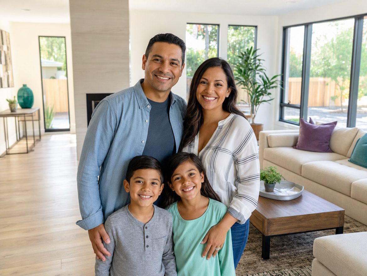 Familia feliz frente a su casa