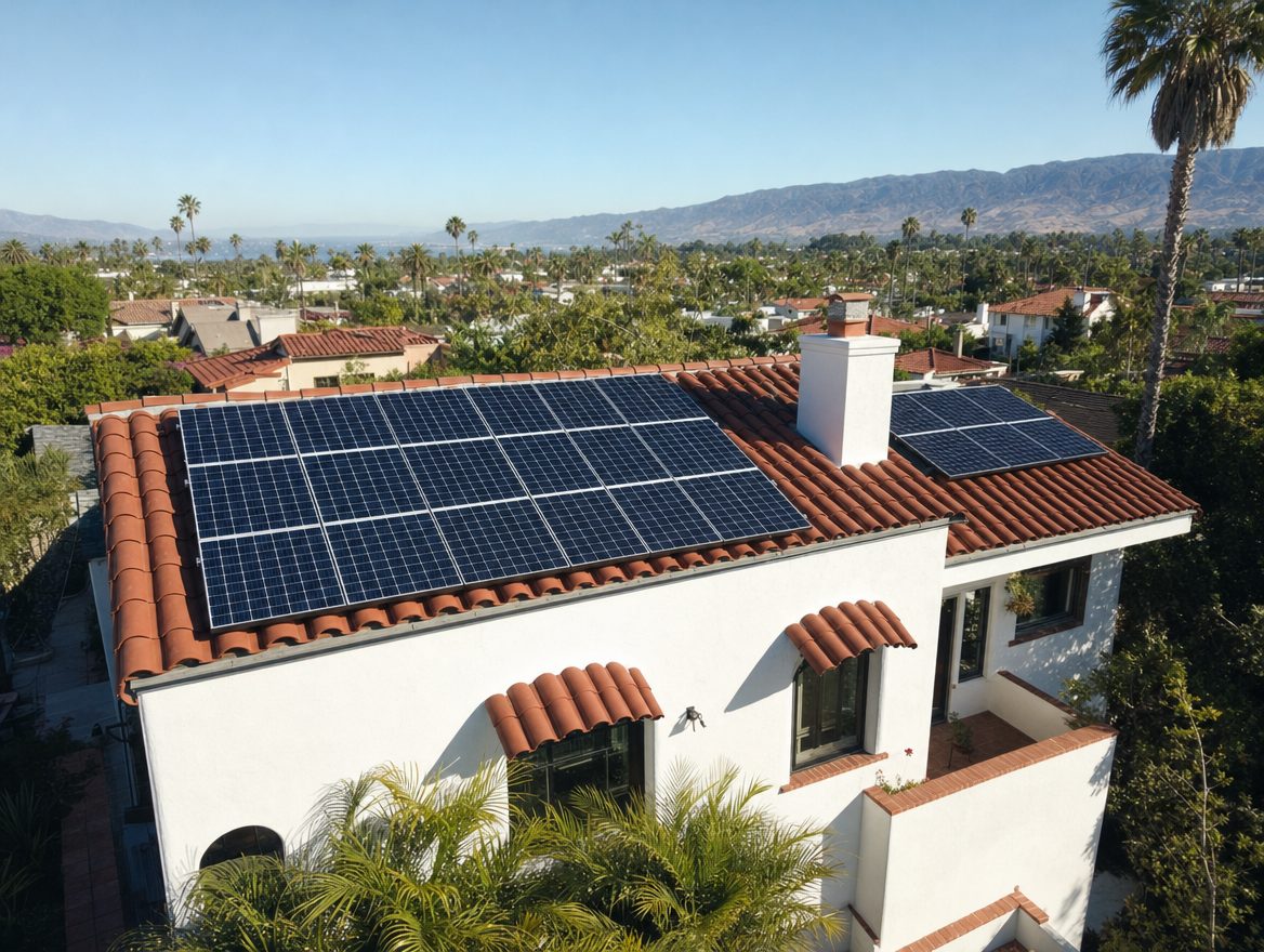 Paneles solares instalados en techo de tejas de una casa en California por California Home Solutions