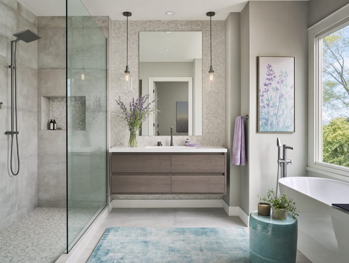 Baño remodelado con regadera de vidrio y mueble de lavabo moderno en una casa de California