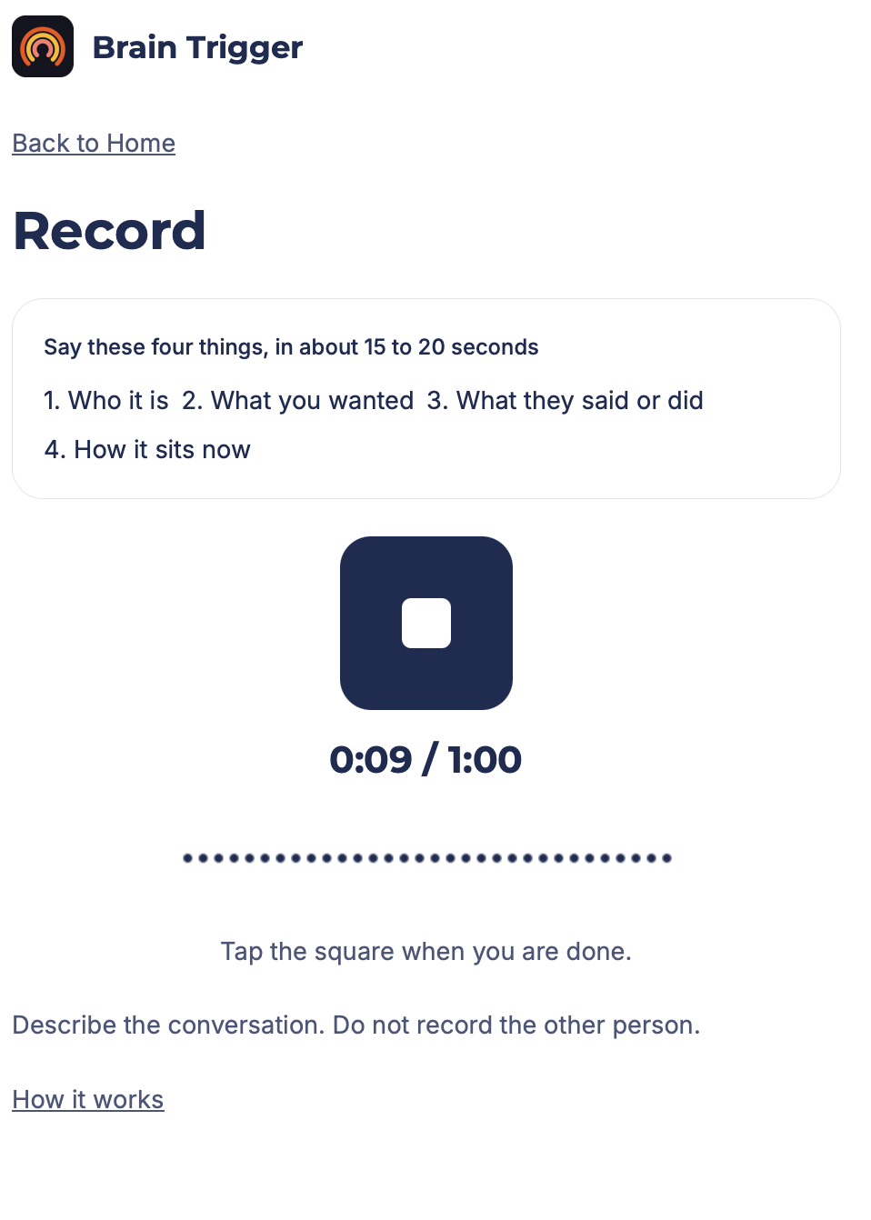 Brain Trigger Record screen with the four things to say and an orange Record button.