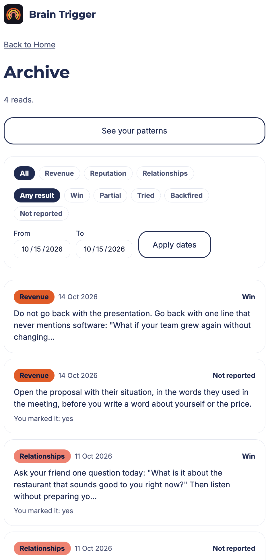 Brain Trigger Archive screen listing your past moves, with filters by Revenue, Reputation and Relationships and by result.