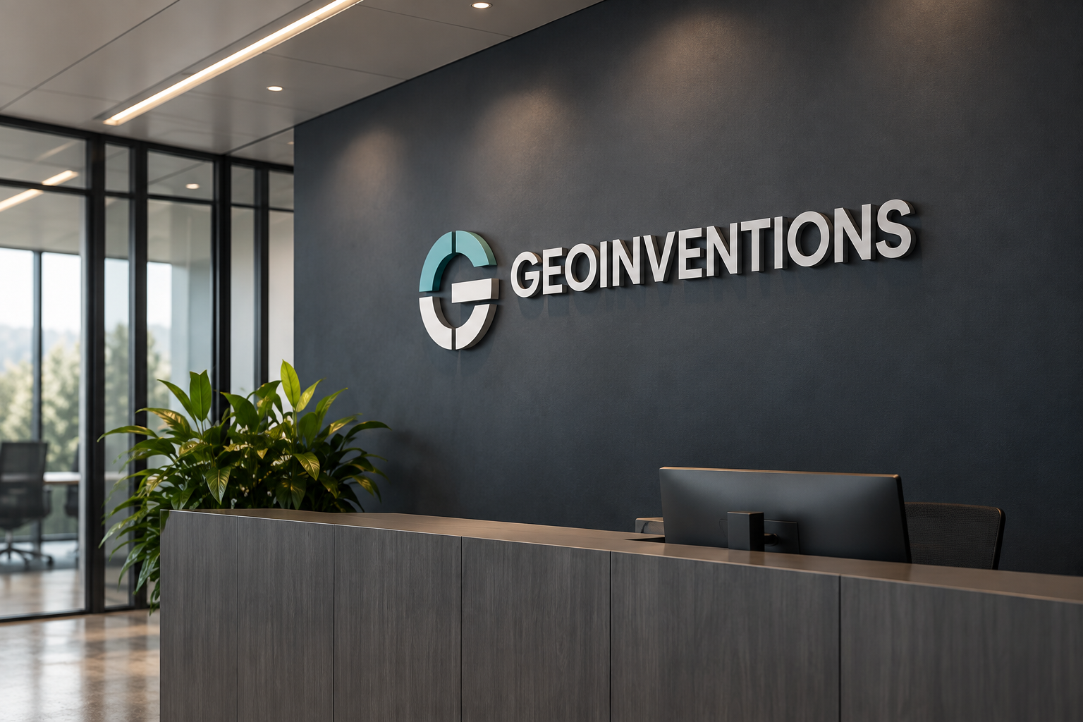 Geoinventions head office reception with 3D brand signage