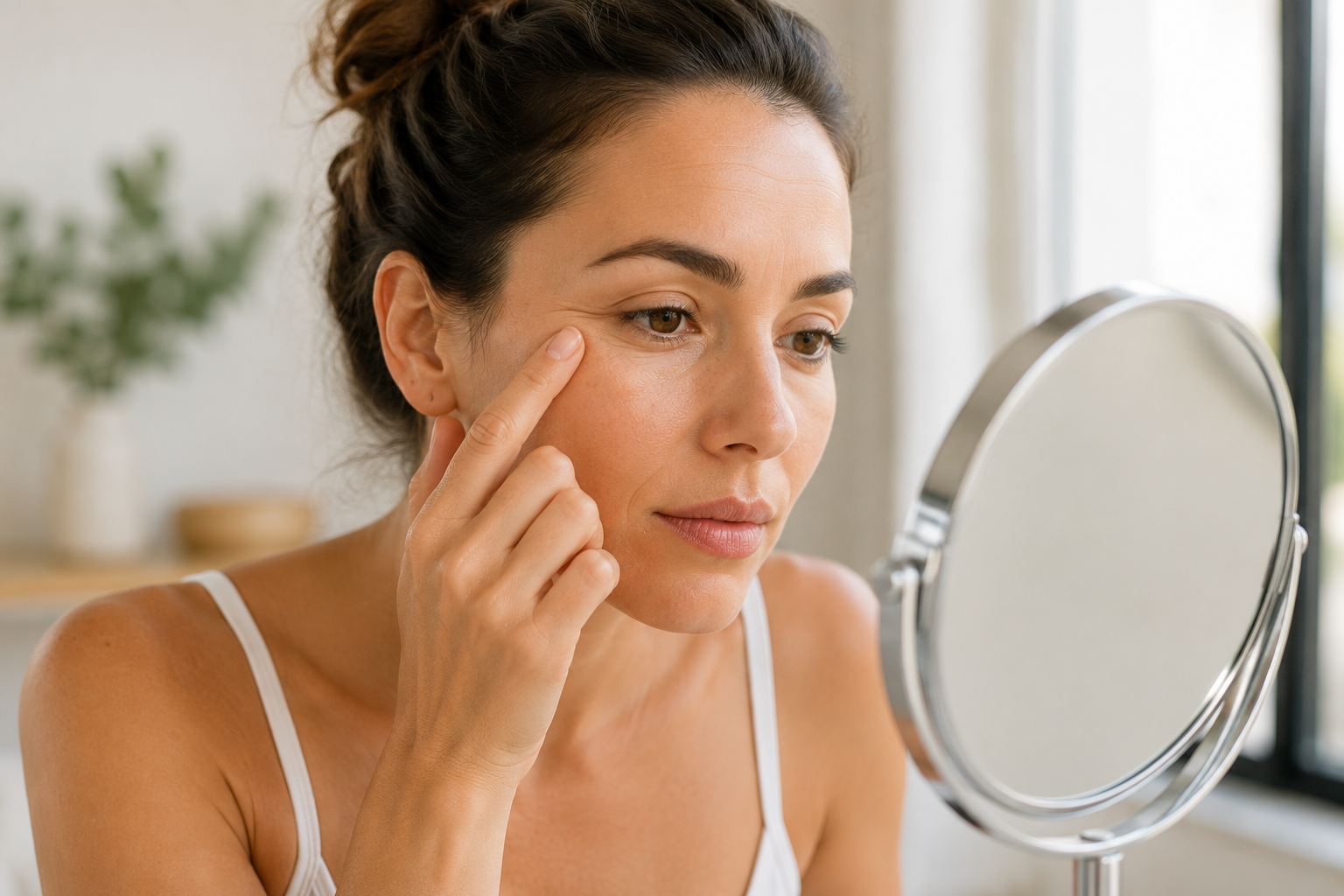 Woman noticing early collagen loss and fine lines after age 30 Woman noticing early collagen loss and fine lines after age 30