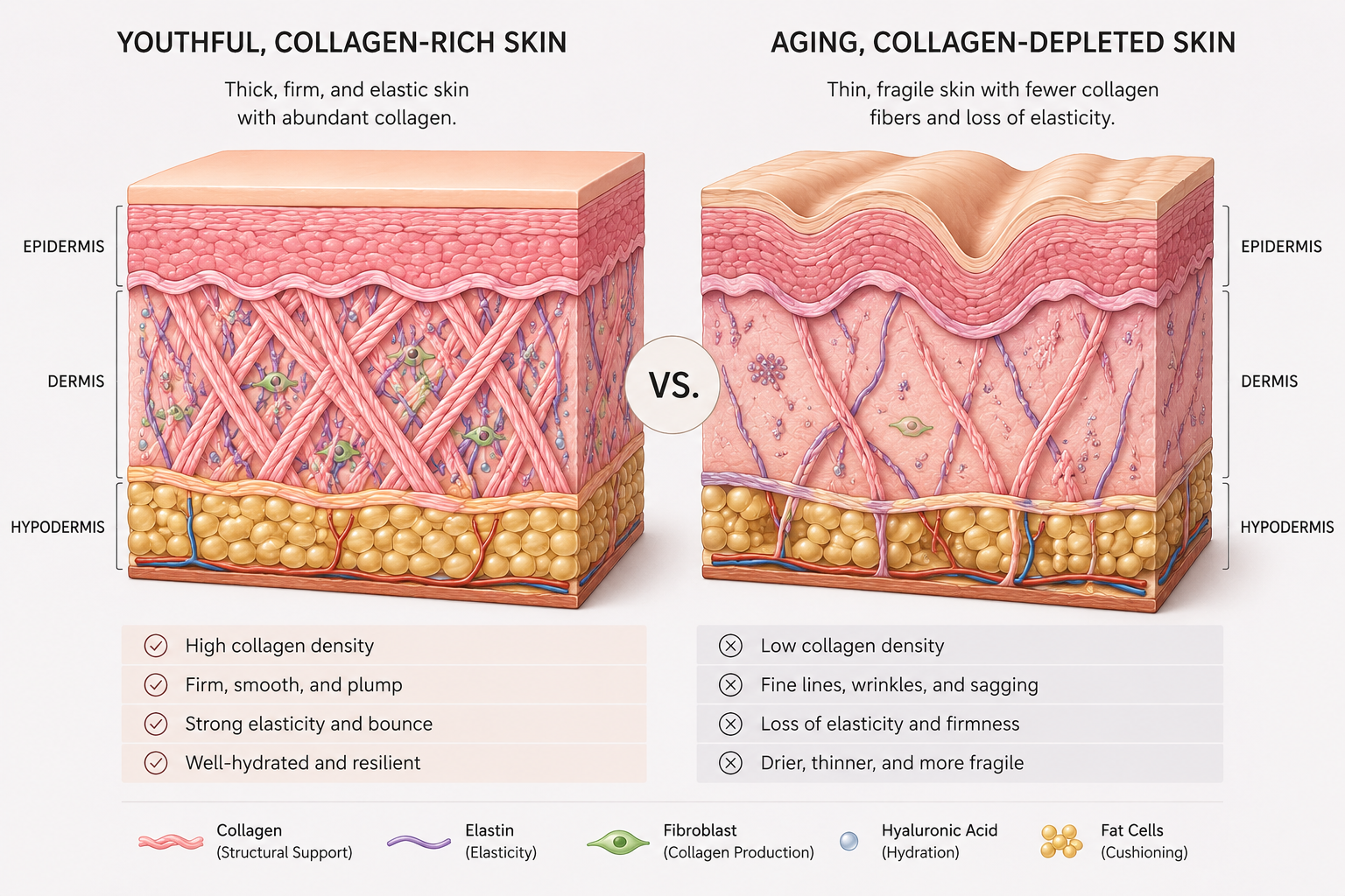 Comparison of healthy skin with aging skin showing collagen loss Comparison of healthy skin with aging skin showing collagen loss