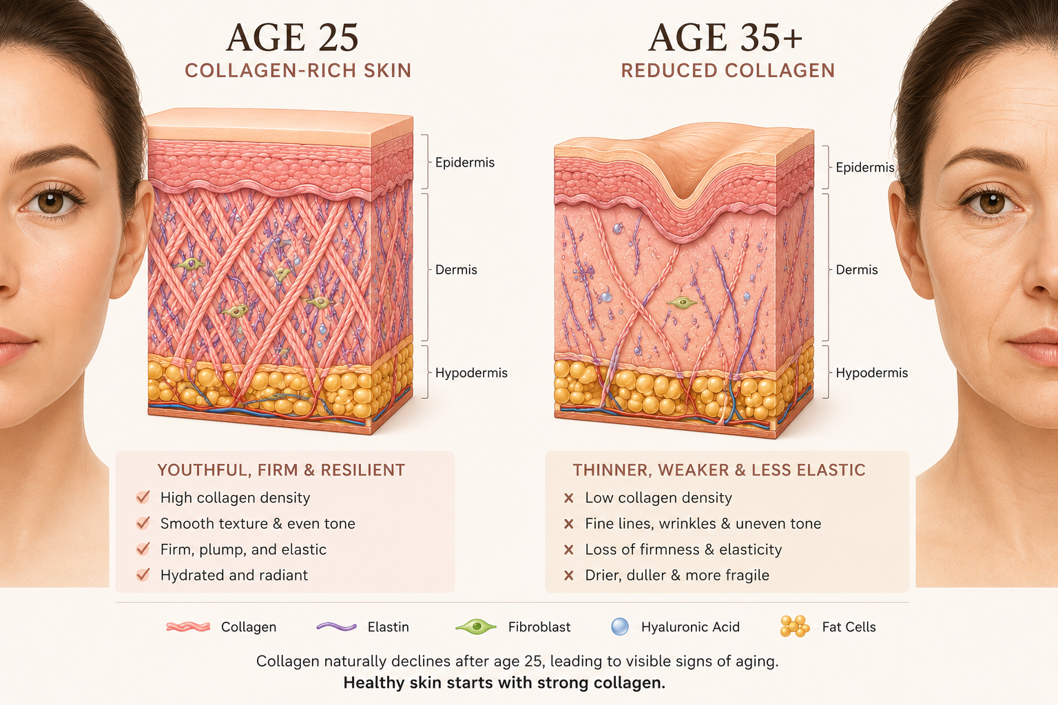 Illustration showing reduced collagen production after age 30 Illustration showing reduced collagen production after age 30