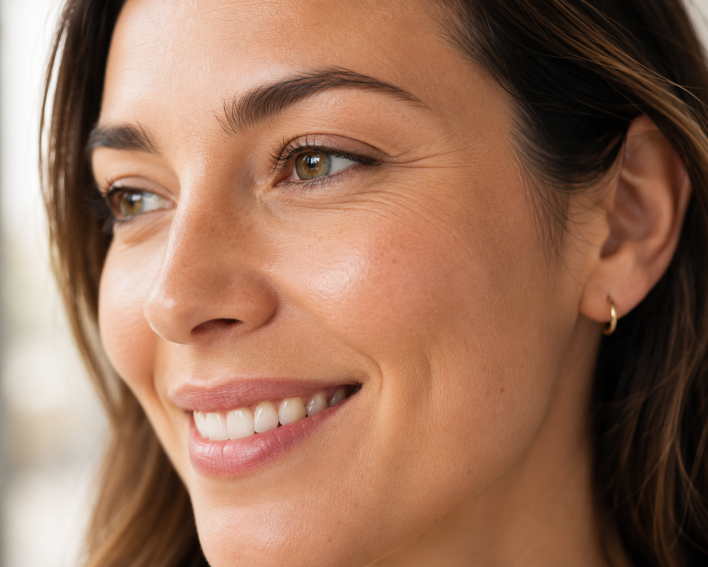 Early crow's feet around the eyes in a woman in her 30s Early crow's feet around the eyes in a woman in her 30s
