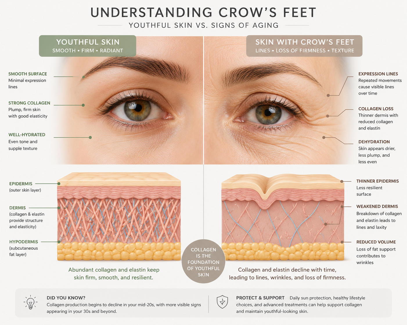 Comparison of healthy skin around the eyes and crow's feet wrinkles Comparison of healthy skin around the eyes and crow's feet wrinkles
