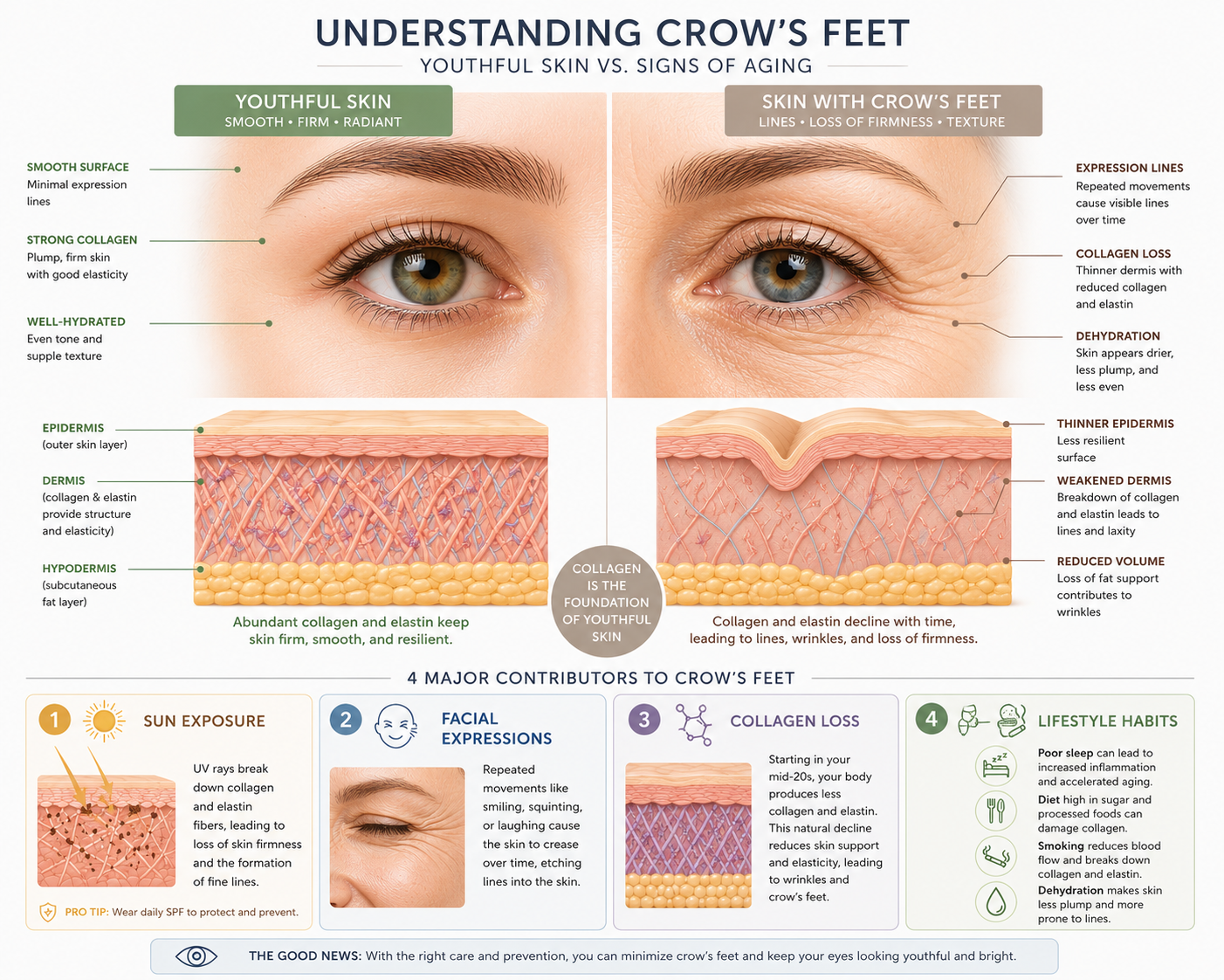 Illustration showing the main causes of crow's feet around the eyes Illustration showing the main causes of crow's feet around the eyes