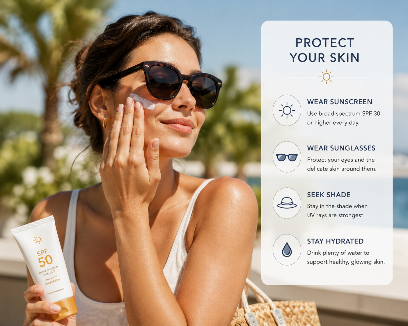 Person protecting the eye area with sunscreen and sunglasses to help prevent crow's feet Person protecting the eye area with sunscreen and sunglasses to help prevent crow's feet