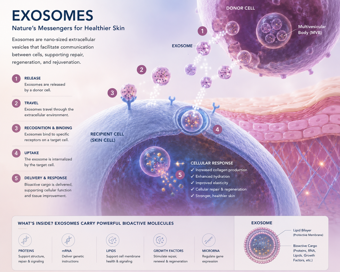 Illustration explaining exosomes and cellular communication in skin rejuvenation Illustration explaining exosomes and cellular communication in skin rejuvenation