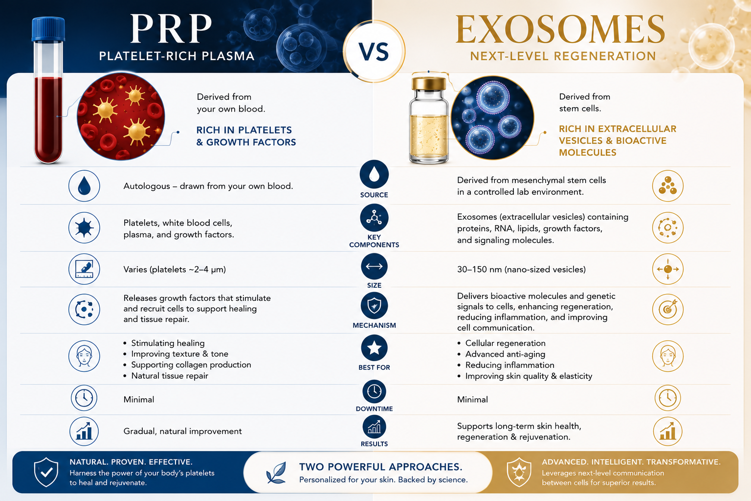Comparison infographic showing how PRP and Exosomes support skin rejuvenation Comparison infographic showing how PRP and Exosomes support skin rejuvenation