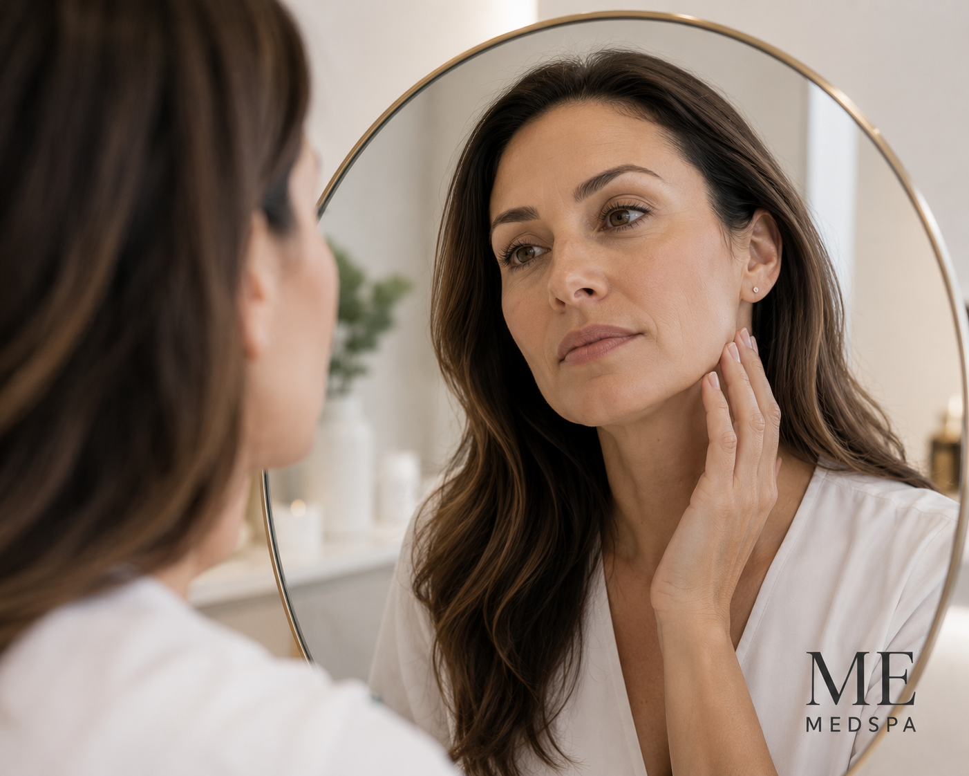 Woman noticing mild sagging skin around the jawline while looking in a mirror Woman noticing mild sagging skin around the jawline while looking in a mirror