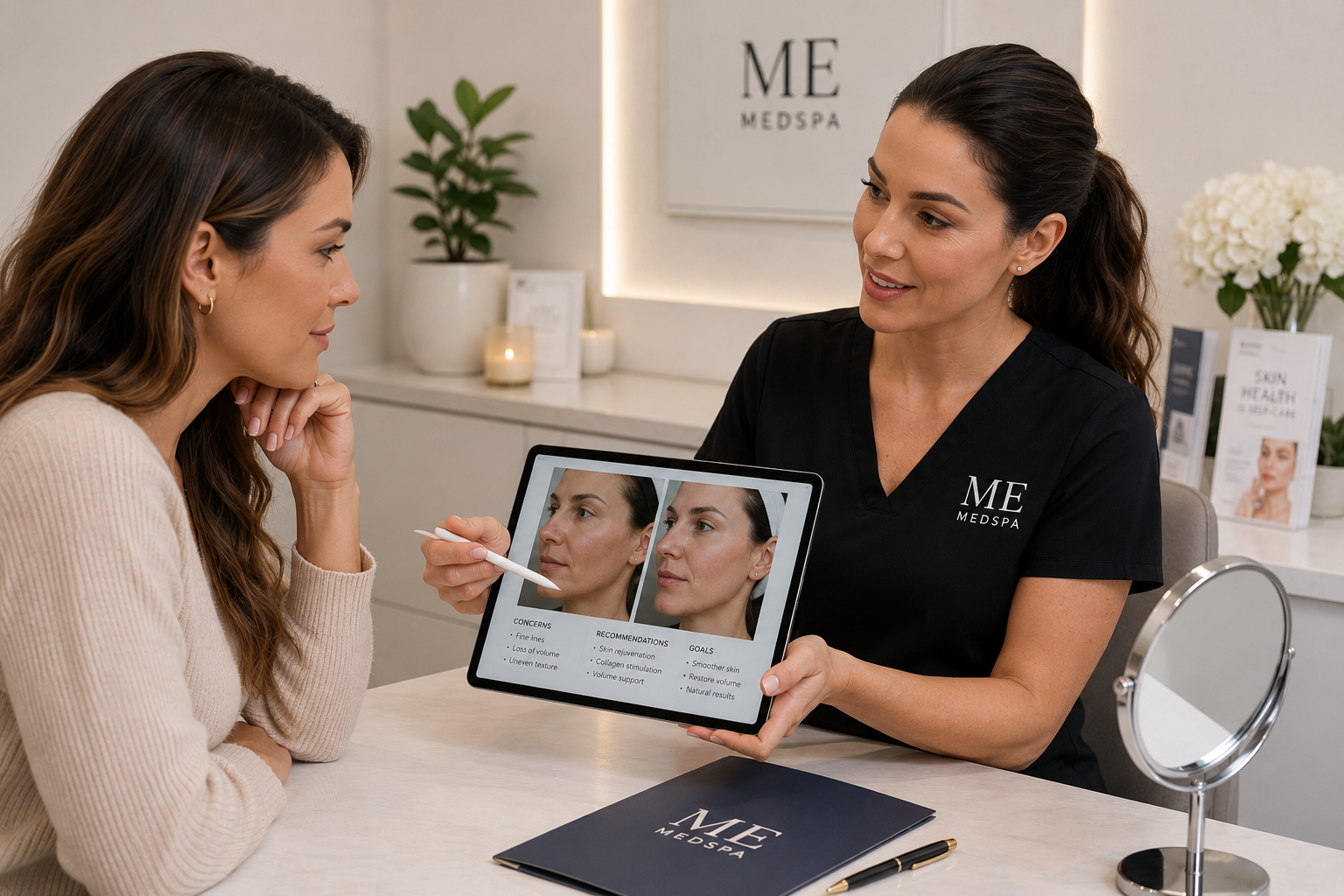 Patient discussing skin tightening treatment options during a consultation Patient discussing skin tightening treatment options during a consultation