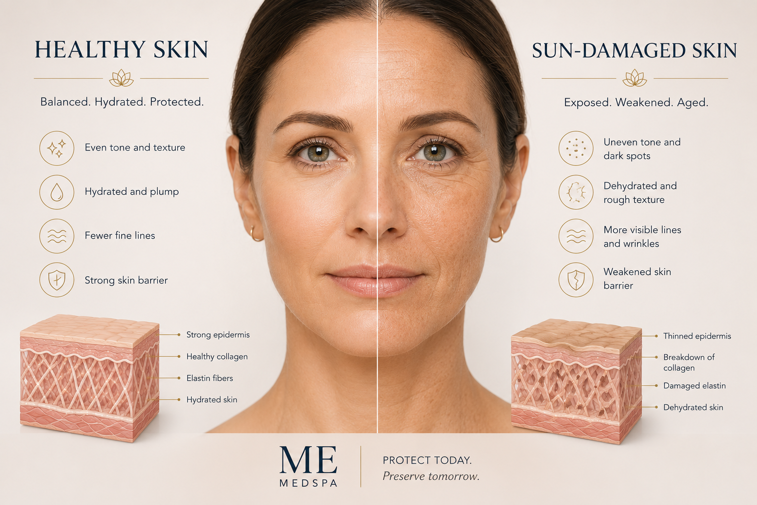 Comparison showing healthy skin versus skin affected by long-term sun damage Comparison showing healthy skin versus skin affected by long-term sun damage
