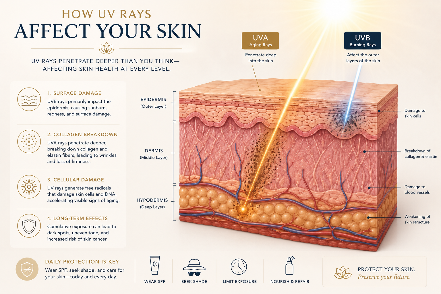 Diagram illustrating how ultraviolet rays affect different layers of the skin Diagram illustrating how ultraviolet rays affect different layers of the skin
