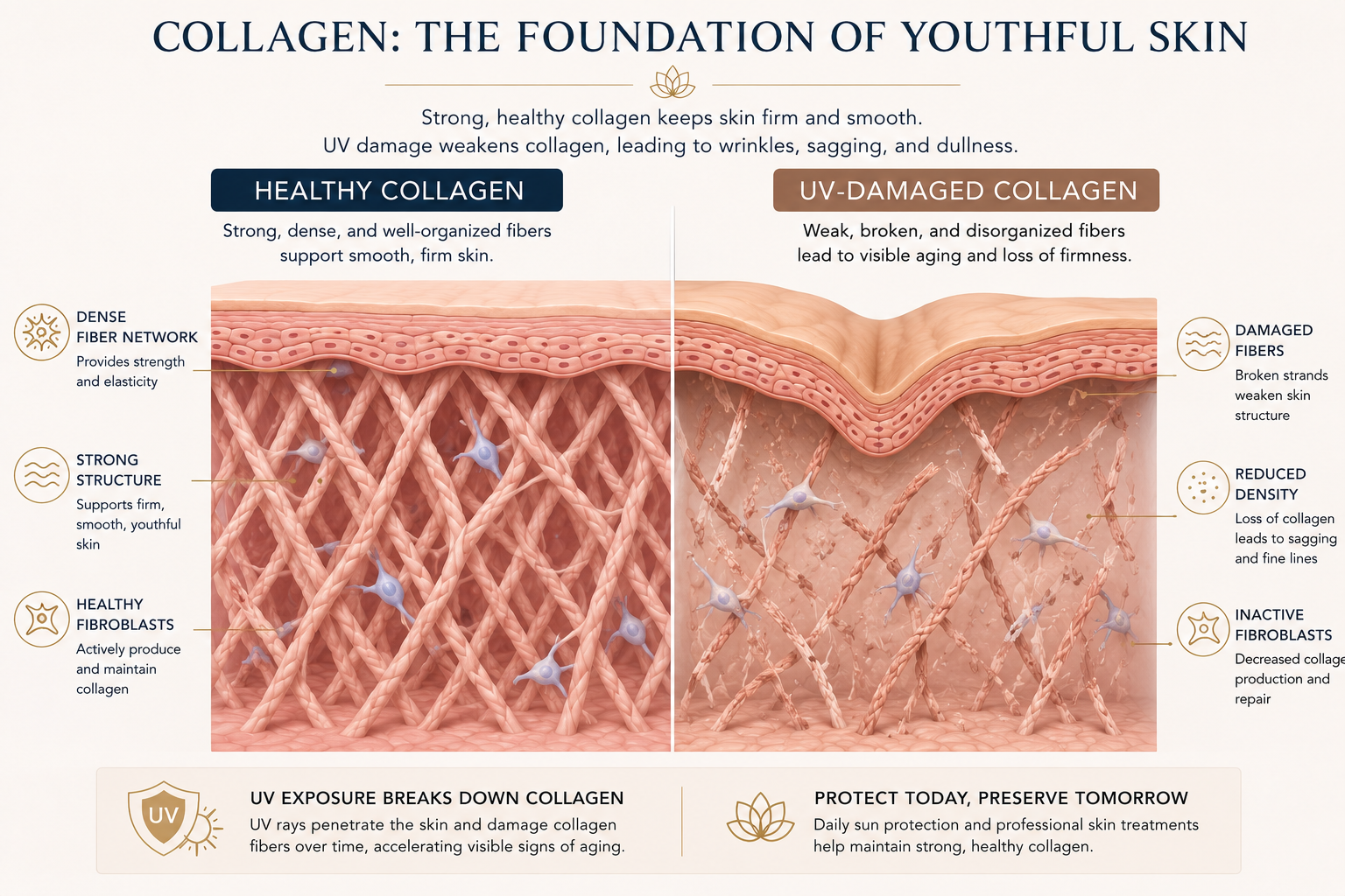 Illustration showing collagen fibers damaged by prolonged ultraviolet exposure Illustration showing collagen fibers damaged by prolonged ultraviolet exposure