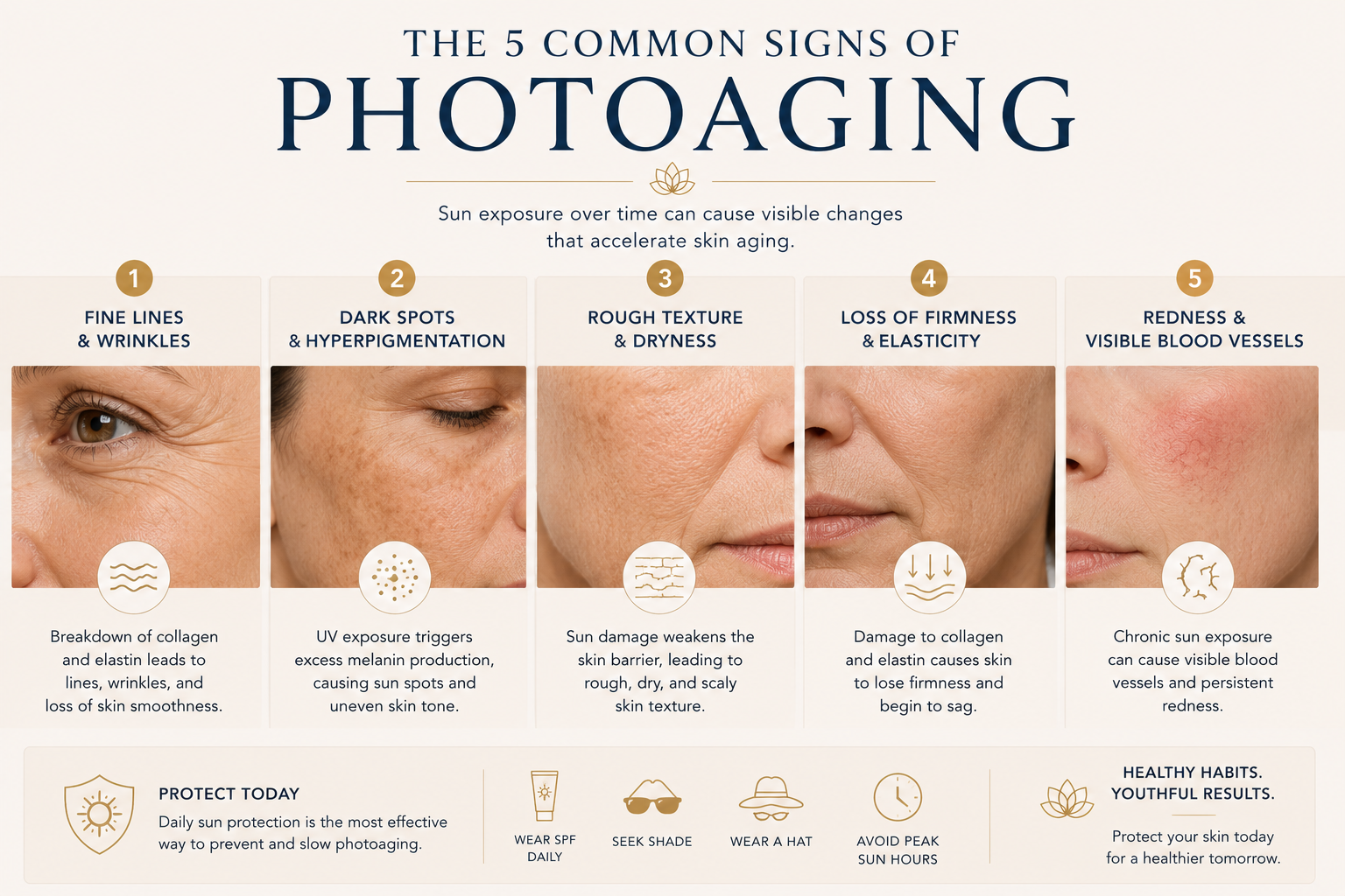 Illustration highlighting common signs of premature skin aging caused by sun exposure Illustration highlighting common signs of premature skin aging caused by sun exposure
