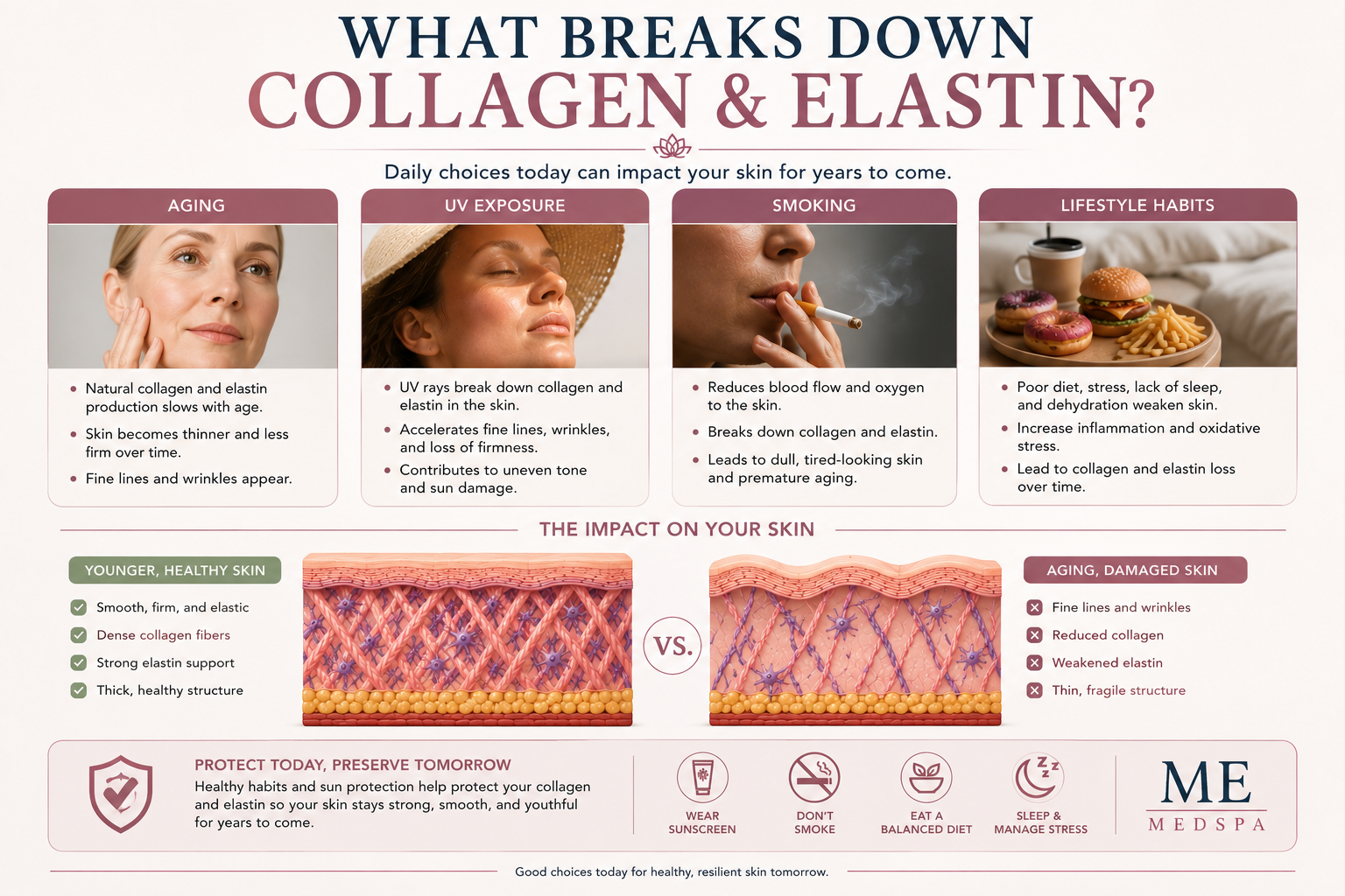 Illustration showing factors that contribute to collagen and elastin loss