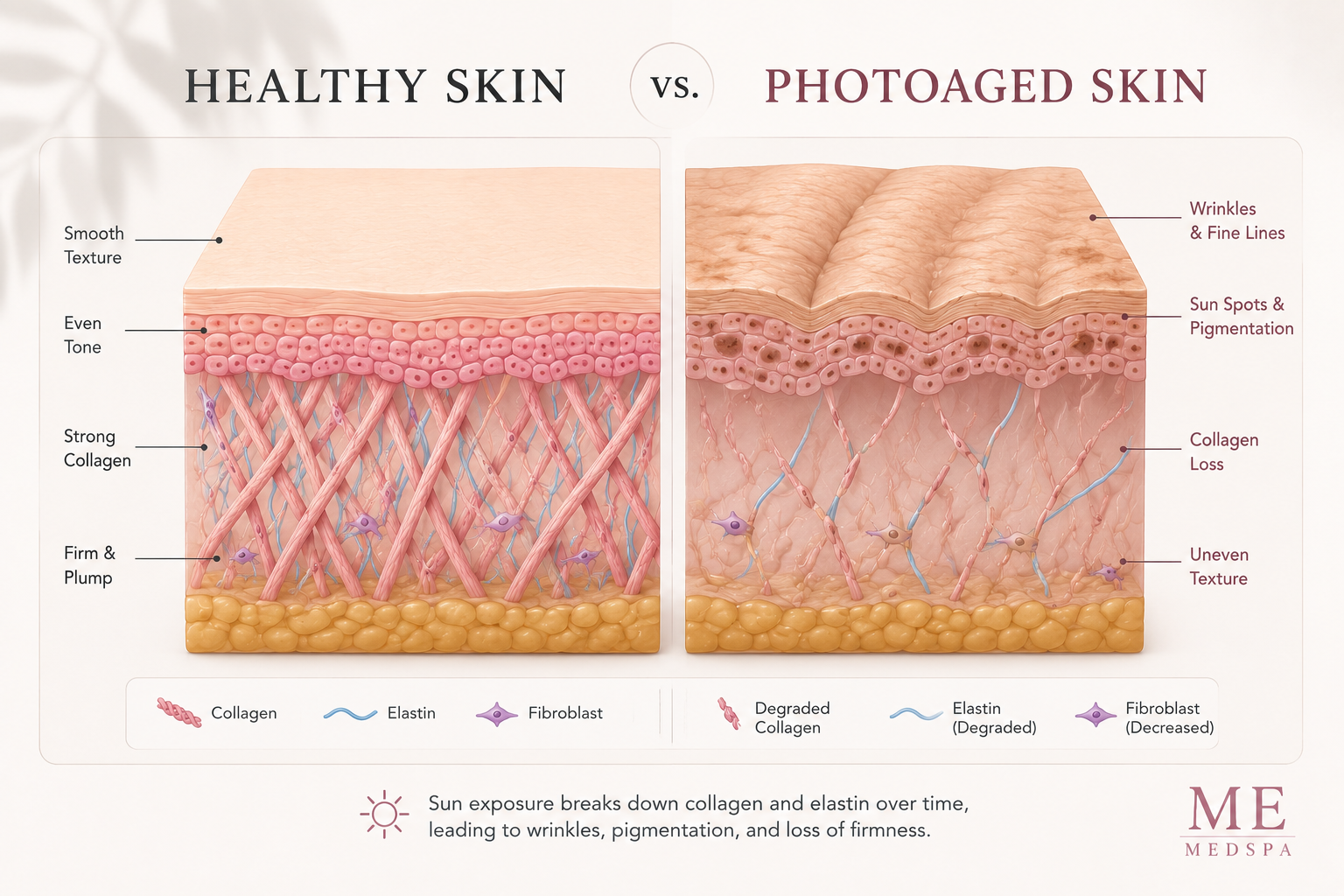 Comparison showing healthy skin and photoaged skin caused by long-term UV exposure