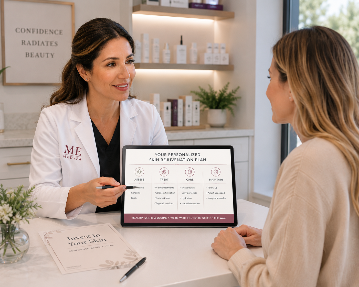 Provider discussing personalized treatment options for photoaged skin