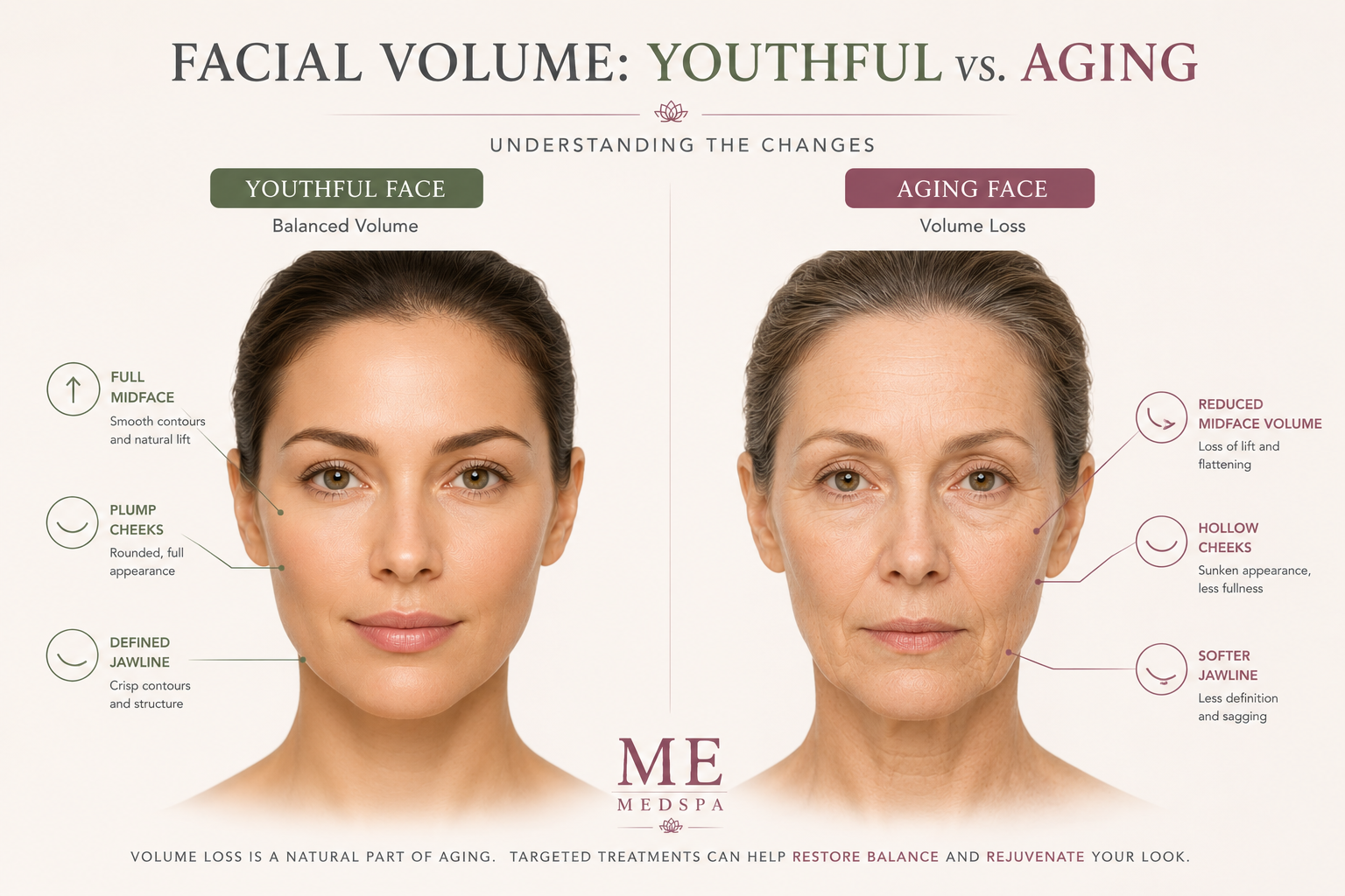 Comparison showing youthful facial volume and age-related facial volume loss